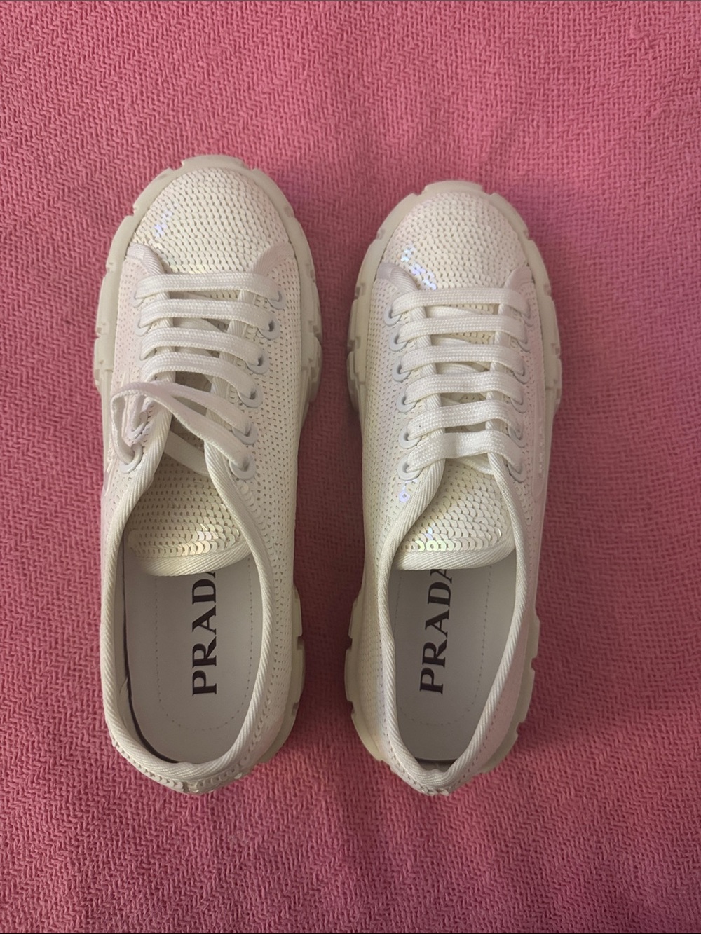 Prada Cream Sequin Mesh Low-Top Sneakers